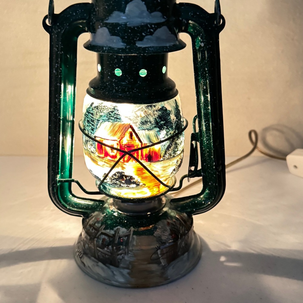 Bunny Coppe Electric Lantern Green Hand Painted Winter Cabin Scene Rustic Lamp